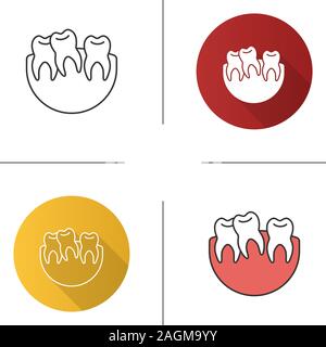 Crooked teeth icon. Malocclusion. Wisdom tooth problem. Flat design, linear and color styles. Isolated vector illustrations Stock Vector