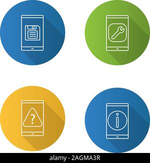 Smartphone flat linear long shadow icons set. Save button, settings, mobile phone FAQ, error. Vector outline illustration Stock Vector