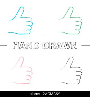 Thumbs up hand drawn icons set. Like hand gesture. Approval. Color brush stroke. Isolated vector sketchy illustrations Stock Vector
