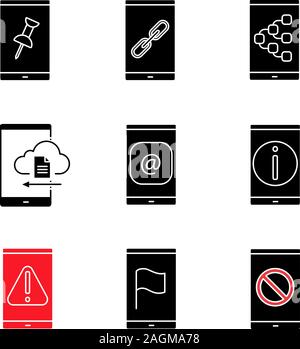 Smartphone glyph icons set. File attach, link, content sharing, cloud storage, e-mail, info, error, GPS navigation, no signal. Silhouette symbols. Vec Stock Vector