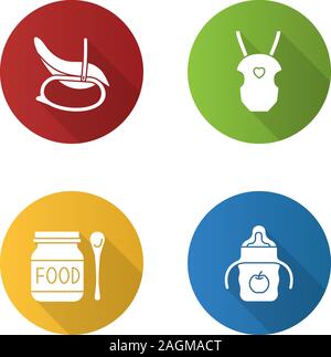 Childcare flat design long shadow glyph icons set. Rocking chair, baby carrier, food, sippy cup. Vector silhouette illustration Stock Vector