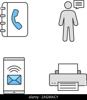 Information center color icons set. Telephone book, announcement, incoming message, printer. Isolated vector illustrations Stock Vector