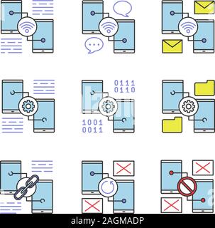 Smartphone color icons set. Wifi, chatting, e-mail, settings, file manager, link sharing, no signal, synchronization error. Isolated vector illustrati Stock Vector