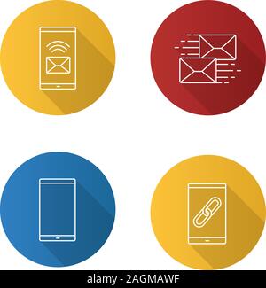 Smartphone apps flat linear long shadow icons set. Incoming message, mailing, mobile phone, link sharing. Vector outline illustration Stock Vector