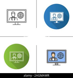 TV news icon. Newscaster on television set display. Flat design, linear and color styles. Isolated vector illustrations Stock Vector