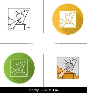 Brick wall with triangular shovel icon. Putty knife, spatula. Cement solution. Flat design, linear and color styles. Isolated vector illustrations Stock Vector