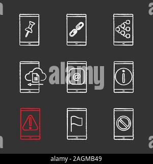 Smartphone chalk icons set. File attach, link, content sharing, cloud storage, e-mail, info, error, GPS navigation, no signal. Isolated vector chalkbo Stock Vector