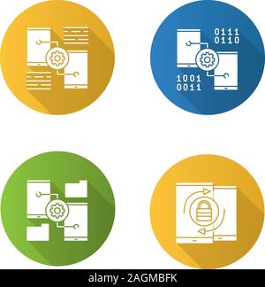 Smartphone displays flat design long shadow glyph icons set. Mobile phone settings, security synchronization, file manager. Vector silhouette illustra Stock Vector