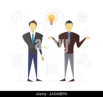 Businessmen discussing business idea flat character design. Startuppers. Business partners making decision or solving problem. Coworking. Vector isola Stock Vector