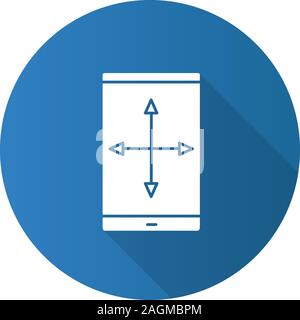 Smartphone display resize flat design long shadow glyph icon. Drag gesture arrow. Vector silhouette illustration Stock Vector