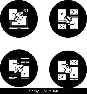 Smartphone displays glyph icons set. Link sharing, connection and synchronization error. Vector white silhouettes illustrations in black circles Stock Vector