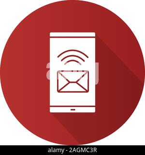 Smartphone incoming message flat design long shadow glyph icon. SMS. Mobile phone display with envelope. Vector silhouette illustration Stock Vector