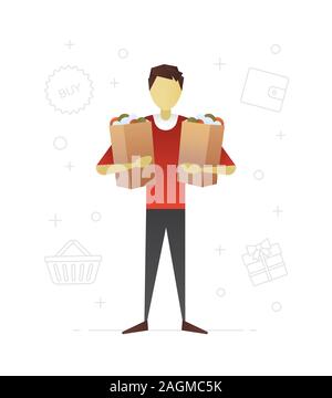 Consumer flat character design. Shopping. Doing purchases. Man holding paper bags with grocery products. Vector isolated illustration Stock Vector