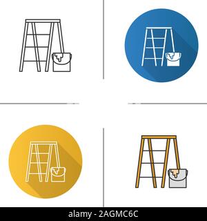 Scaffolding ladder with paint bucket icon. Painting, dyeing. Flat design, linear and color styles. Isolated vector illustrations Stock Vector