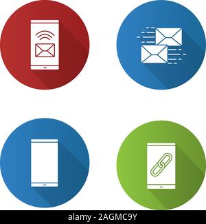 Smartphone apps flat design long shadow glyph icons set. Incoming message, mailing, mobile phone, link sharing. Vector silhouette illustration Stock Vector