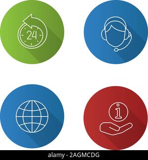 Information center flat linear long shadow icons set. Reschedule, globe, helpdesk, call center operator. Vector outline illustration Stock Vector