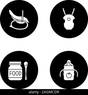 Childcare glyph icons set. Rocking chair, baby carrier, food, sippy cup. Vector white silhouettes illustrations in black circles Stock Vector