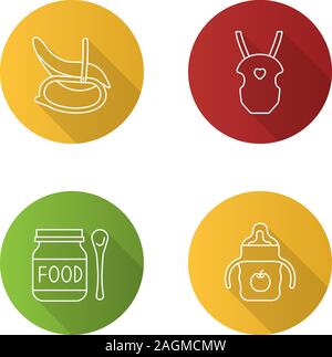 Childcare flat linear long shadow icons set. Rocking chair, baby carrier, food, sippy cup. Vector outline illustration Stock Vector