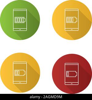 Smartphone battery charging flat linear long shadow icons set. Vector outline illustration Stock Vector