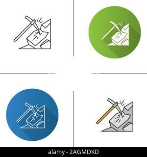 Pickaxe breaking mountain icon. Mining. Navvy pick. Flat design, linear and color styles. Isolated vector illustrations Stock Vector