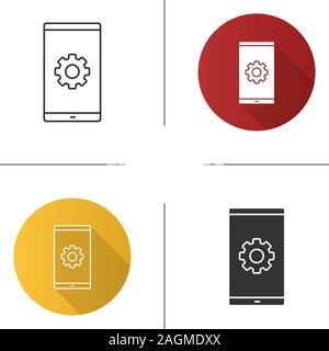 Smartphone settings icon. Phone display with cogwheel. Flat design, linear and glyph styles. Isolated vector illustrations Stock Vector