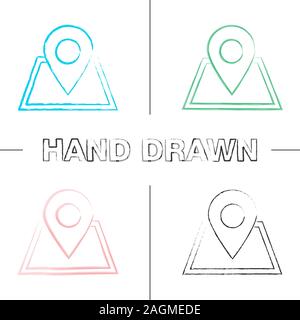 Building location pinpoint hand drawn icons set. GPS navigation. House planning. Color brush stroke. Isolated vector sketchy illustrations Stock Vector