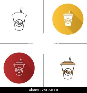 Iced coffee drink icon. Disposable coffee cup with straw. Flat design, linear and color styles. Isolated vector illustrations Stock Vector