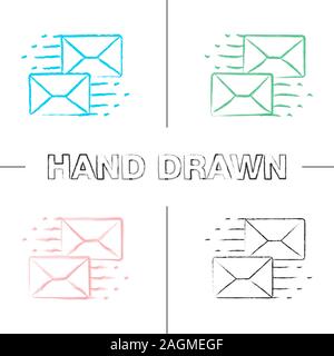 Mailing hand drawn icons set. Correspondence. Flying envelopes. Messenger. Email. Color brush stroke. Isolated vector sketchy illustrations Stock Vector