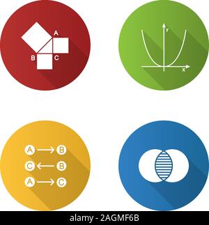 Mathematics flat design long shadow glyph icons set. Geometry, algebra, logic and discrete maths. Vector silhouette illustration Stock Vector