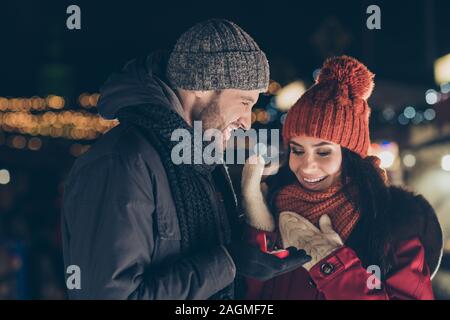 Let's get married. Close-up portrait of his he her she nice attractive charming cute lovely cheerful cheery couple wearing warm outfit guy making Stock Photo