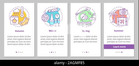 Four seasons onboarding mobile app page screen with linear concepts. Winter, autumn, spring, summer steps graphic instructions. UX, UI, GUI vector tem Stock Vector