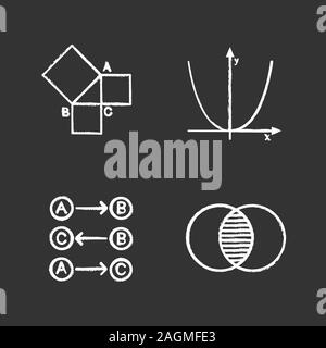 Mathematics chalk icons set. Geometry, algebra, logic and discrete maths. Isolated vector chalkboard illustrations Stock Vector