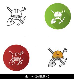 Crossed shovel and pickaxe with hard hat icon. Mining emblem. Flat design, linear and color styles. Isolated vector illustrations Stock Vector