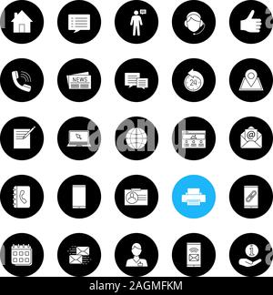 Information center glyph icons set. Office supplies, communication devices, support service. Vector white silhouettes illustrations in black circles Stock Vector