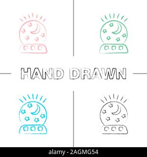 Night light hand drawn icons set. Table lamp with moon and stars. Color brush stroke. Isolated vector sketchy illustrations Stock Vector