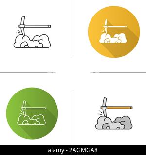 Pick axe breaking rocks icon. Mining. Navvy pick. Flat design, linear and color styles. Isolated vector illustrations Stock Vector