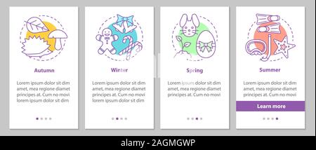 Four seasons onboarding mobile app page screen with linear concepts. Winter, autumn, spring, summer steps graphic instructions. UX, UI, GUI vector tem Stock Vector
