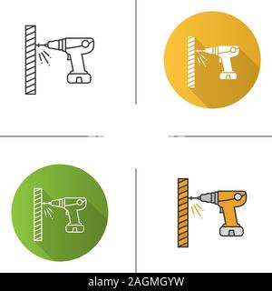 Portable electric screwdriver icon. Cordless drill. Flat design, linear and color styles. Isolated vector illustrations Stock Vector