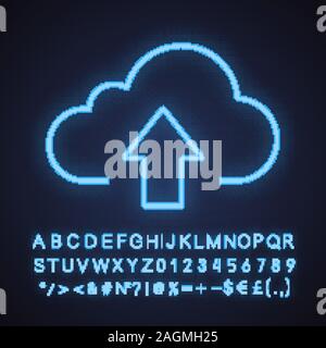 Cloud storage files uploading neon light icon. Cloud computing. Glowing sign with alphabet, numbers and symbols. Vector isolated illustration Stock Vector