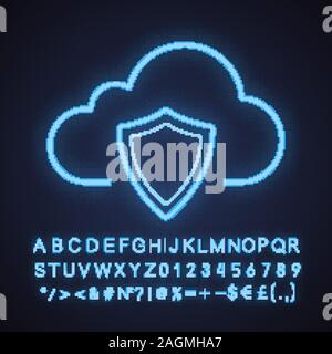 Cloud storage data protection neon light icon. Security shield. Cloud computing. Glowing sign with alphabet, numbers and symbols. Vector isolated illu Stock Vector
