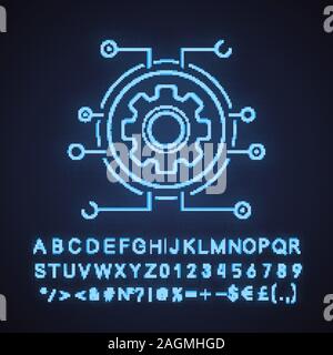 Settings digital neon light icon. Gear. Glowing sign with alphabet, numbers and symbols. Cogwheel in microchip pathways. Cyber technology. Vector isol Stock Vector