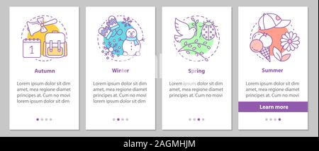 Four seasons onboarding mobile app page screen with linear concepts. Winter, autumn, spring, summer steps graphic instructions. UX, UI, GUI vector tem Stock Vector
