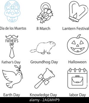 Holidays linear icons set. Dia de los Muertos, March 8th, Lantern Festival, Groundhog, Labour, Knowledge, Earth Days, Halloween. Thin line contour sym Stock Vector