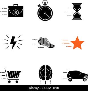 Motion glyph icons set. Speed. Flying briefcase, stopwatch, hourglass, sneaker, star, brain, car, fast shopping, lightning bolt. Silhouette symbols. V Stock Vector