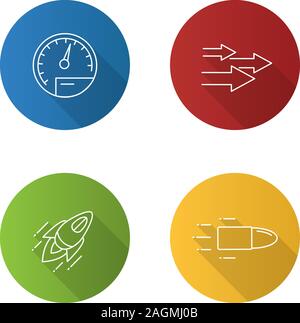 Motion flat linear long shadow icons set. Speed. Speedometer, arrows, startup, flying bullet. Vector outline illustration Stock Vector