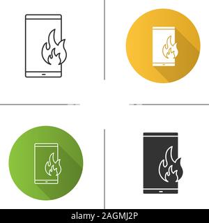 Fire emergency calling icon. Broken phone. Deadline. Smartphone with flame. Flat design, linear and glyph styles. Isolated vector illustrations Stock Vector