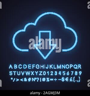 Cloud storage files download neon light icon. Cloud computing. Glowing sign with alphabet, numbers and symbols. Vector isolated illustration Stock Vector