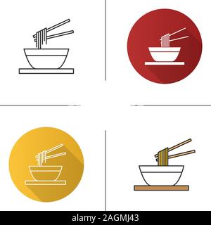 Chinese noodles with chopsticks icon. Ramen. Spaghetti in bowl. Flat design, linear and color styles. Isolated vector illustrations Stock Vector