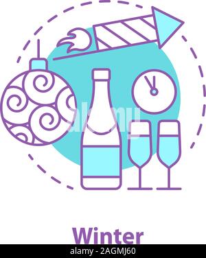 Winter holidays concept icon. New Year celebration idea thin line illustration. Champagne, fireworks, party decor. Vector isolated outline drawing Stock Vector