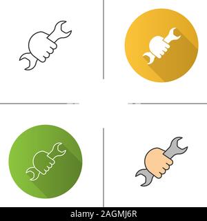 Hand holding wrench icon. Double open ended spanner. Flat design, linear and color styles. Isolated vector illustrations Stock Vector